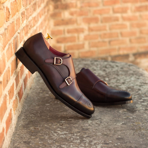 Double Monk Strap Burgundy Painted Calf Leather Men shoes